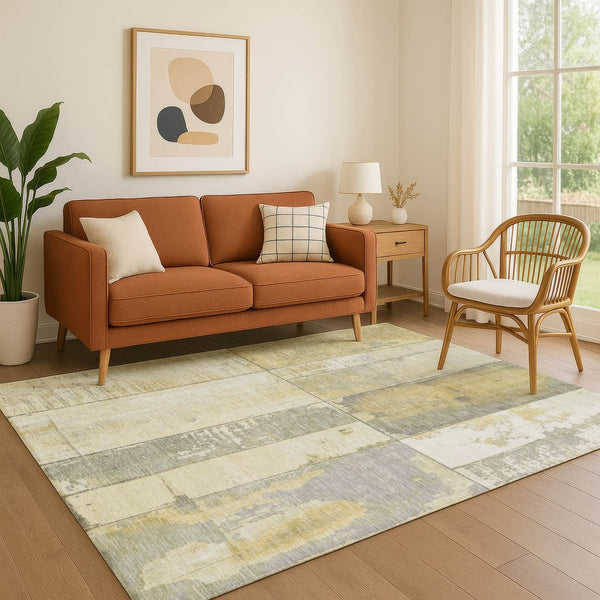 HomeRoots 9' x 12' Gold and Gray Geometric Area Rug - Durable, Washable, UV-Protected for Homes with Kids & Pets 706540
