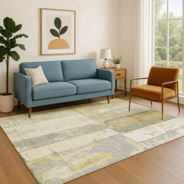 HomeRoots 9' x 12' Gold and Gray Geometric Area Rug - Durable, Washable, UV-Protected for Homes with Kids & Pets 706540