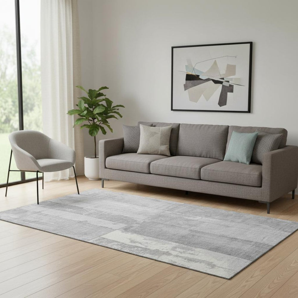HomeRoots 5' X 8' Stylish Gray and Silver Geometric Area Rug - Washable, UV Protected, Non-Slip, Durable Design 706543