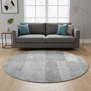 HomeRoots 8' Gray and Silver Geometric Round Rug - Washable, Durable, UV-Protected for Modern Living Spaces 706544