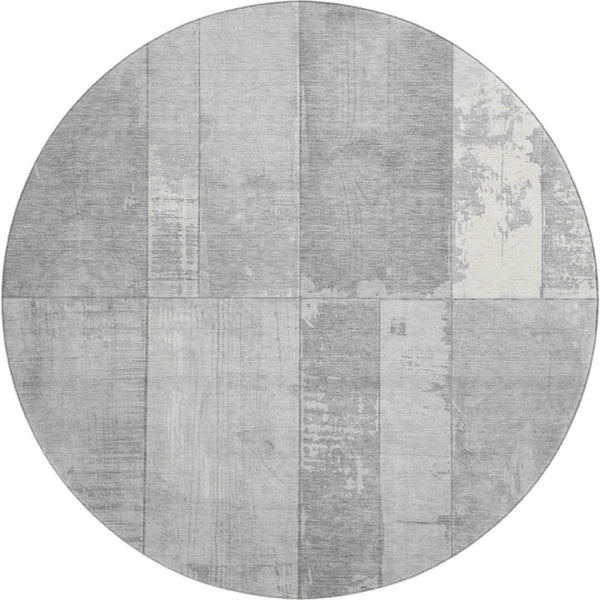 HomeRoots 8' Gray and Silver Geometric Round Rug - Washable, Durable, UV-Protected for Modern Living Spaces 706544
