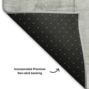 HomeRoots 8' Gray and Silver Geometric Round Rug - Washable, Durable, UV-Protected for Modern Living Spaces 706544