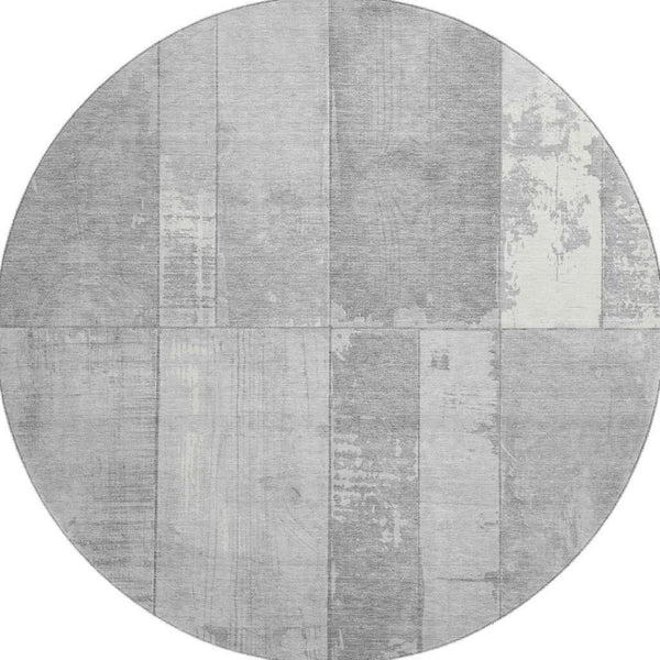 HomeRoots 8' Gray and Silver Geometric Round Rug - Washable, Durable, UV-Protected for Modern Living Spaces 706544