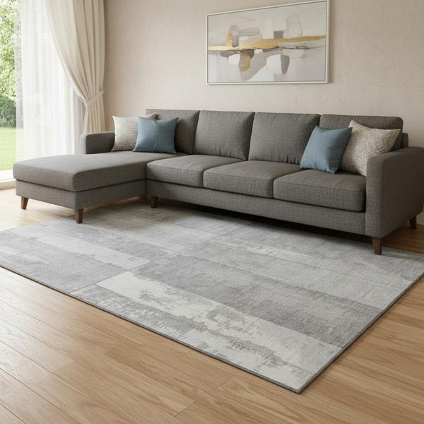 HomeRoots 8' X 10' Modern Gray & Silver Geometric Area Rug - Washable, UV Protected, Stain Resistant Design 706545