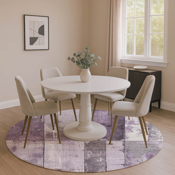 HomeRoots 8' Purple and Gray Geometric Round Rug – Washable, Stain Resistant, UV Protected for Modern Living Spaces 706556