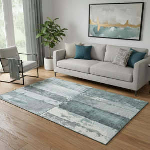 HomeRoots 5' X 8' Stylish Pale Aqua & Gray Geometric Washable Area Rug with UV Protection for High-Traffic Areas 706561
