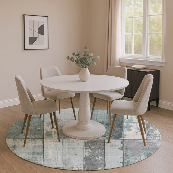 HomeRoots 8' Pale Aqua and Gray Geometric Round Rug - Washable, UV Protected, Durable for Indoor/Outdoor Use 706562