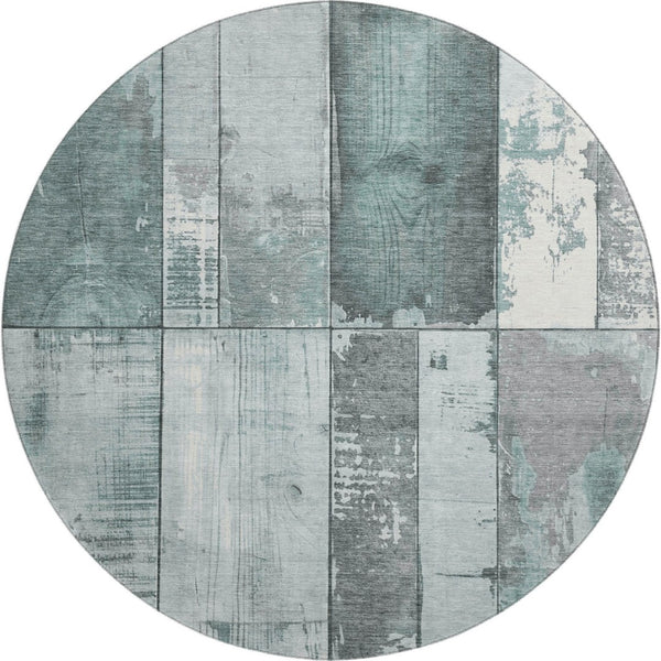 HomeRoots 8' Pale Aqua and Gray Geometric Round Rug - Washable, UV Protected, Durable for Indoor/Outdoor Use 706562