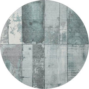 HomeRoots 8' Pale Aqua and Gray Geometric Round Rug - Washable, UV Protected, Durable for Indoor/Outdoor Use 706562
