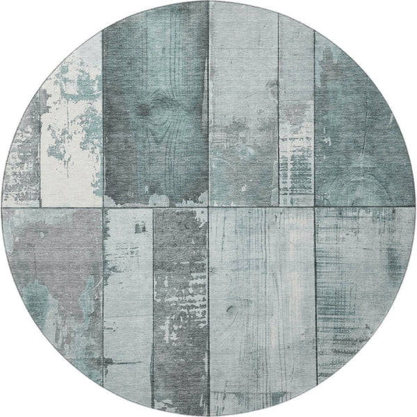 HomeRoots 8' Pale Aqua and Gray Geometric Round Rug - Washable, UV Protected, Durable for Indoor/Outdoor Use 706562