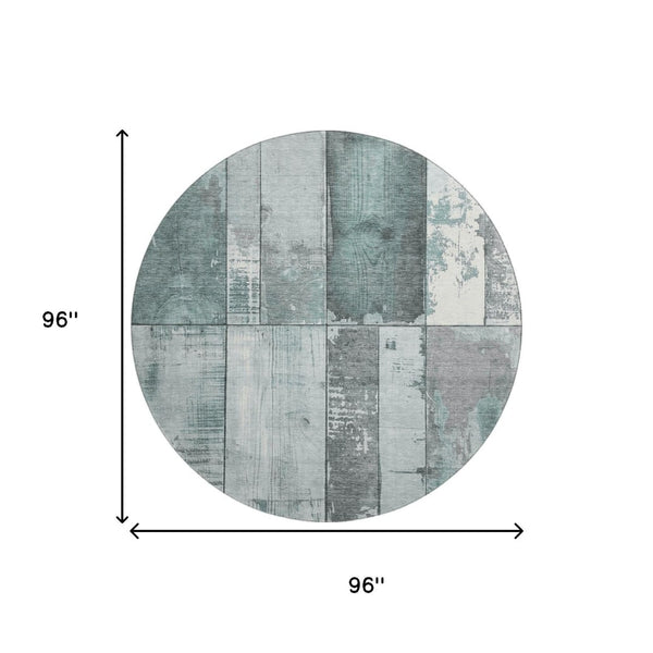 HomeRoots 8' Pale Aqua and Gray Geometric Round Rug - Washable, UV Protected, Durable for Indoor/Outdoor Use 706562