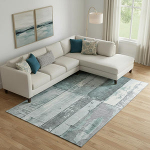 HomeRoots 9' X 12' Washable Pale Aqua & Gray Geometric Area Rug with UV Protection for Modern Living Spaces 706564