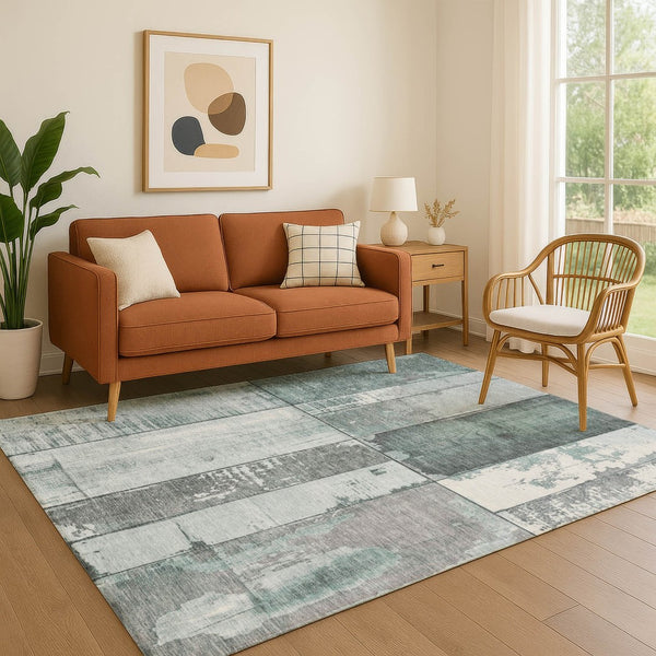 HomeRoots 9' X 12' Washable Pale Aqua & Gray Geometric Area Rug with UV Protection for Modern Living Spaces 706564