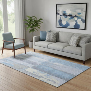 HomeRoots 5' X 8' Sky Blue & Gray Geometric Area Rug - Washable, UV-Protected, Durable for Homes with Kids & Pets 706567