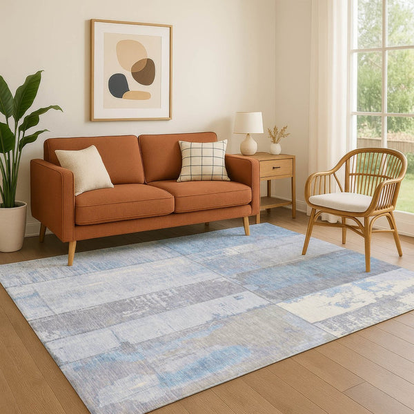 HomeRoots 5' X 8' Sky Blue & Gray Geometric Area Rug - Washable, UV-Protected, Durable for Homes with Kids & Pets 706567