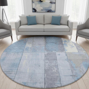 HomeRoots 8' Stylish Sky Blue and Gray Geometric Washable Round Rug with UV Protection for Busy Homes 706568