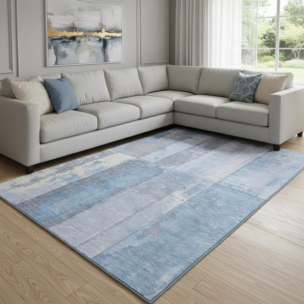 HomeRoots 8' X 10' Sky Blue and Gray Geometric Area Rug - Washable, Stain Resistant, Non-Slip & UV Protected! 706569