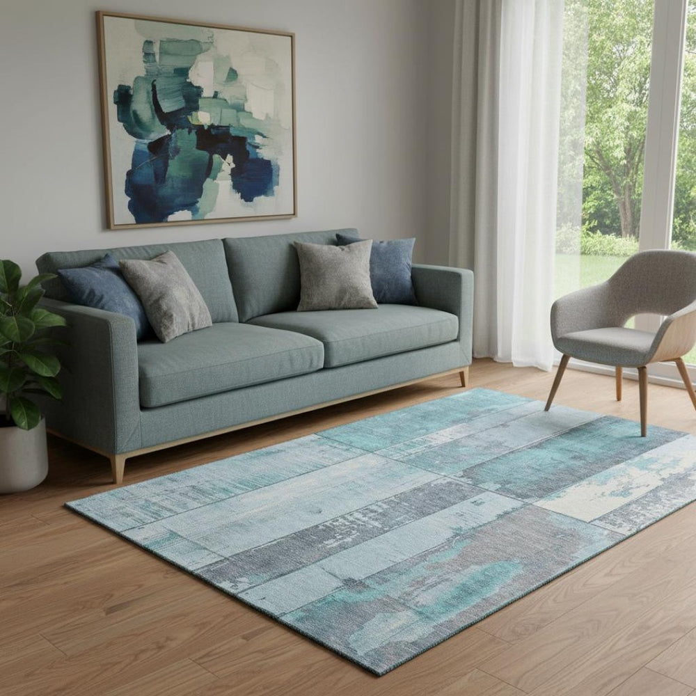 HomeRoots 5' X 8' Stylish Teal and Gray Geometric Area Rug – Washable, UV Protected, Perfect for High-Traffic Spaces 706573