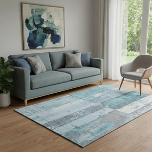 HomeRoots 5' X 8' Stylish Teal and Gray Geometric Area Rug – Washable, UV Protected, Perfect for High-Traffic Spaces 706573