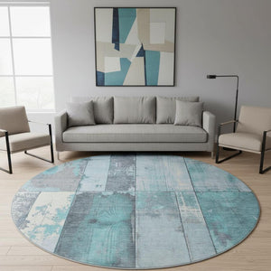 HomeRoots 8' Teal and Gray Geometric Round Rug - Washable, UV Protected, Durable, Non-Slip, Modern Design! 706574