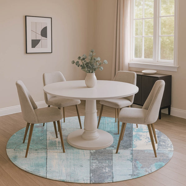 HomeRoots 8' Teal and Gray Geometric Round Rug - Washable, UV Protected, Durable, Non-Slip, Modern Design! 706574