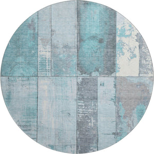 HomeRoots 8' Teal and Gray Geometric Round Rug - Washable, UV Protected, Durable, Non-Slip, Modern Design! 706574