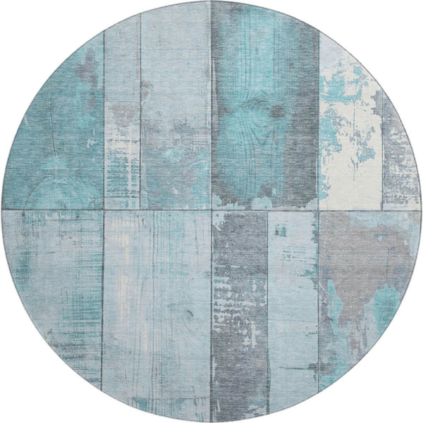 HomeRoots 8' Teal and Gray Geometric Round Rug - Washable, UV Protected, Durable, Non-Slip, Modern Design! 706574