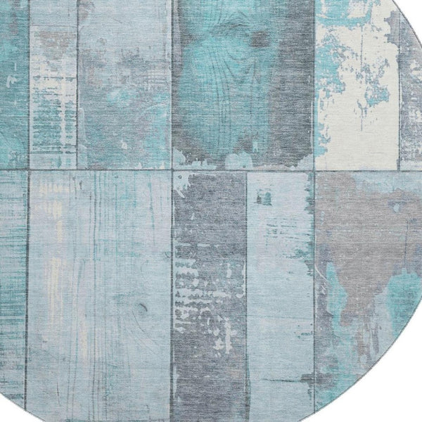 HomeRoots 8' Teal and Gray Geometric Round Rug - Washable, UV Protected, Durable, Non-Slip, Modern Design! 706574