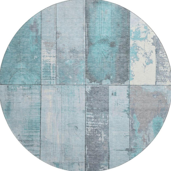 HomeRoots 8' Teal and Gray Geometric Round Rug - Washable, UV Protected, Durable, Non-Slip, Modern Design! 706574