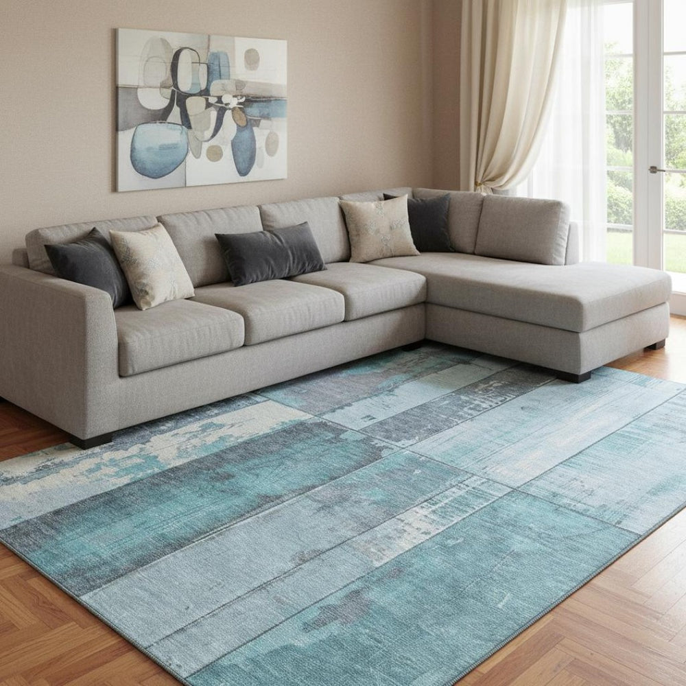 HomeRoots 8' X 10' Teal & Gray Geometric Washable Area Rug – Durable, Stylish & UV Protected for Modern Homes 706575