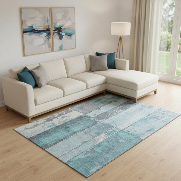 HomeRoots 9' X 12' Stylish Teal and Gray Geometric Washable Area Rug with UV Protection for Busy Homes 706576