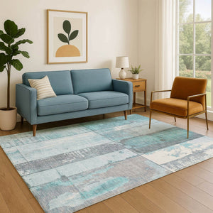 HomeRoots 9' X 12' Stylish Teal and Gray Geometric Washable Area Rug with UV Protection for Busy Homes 706576