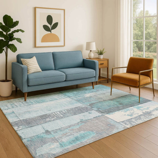 HomeRoots 9' X 12' Stylish Teal and Gray Geometric Washable Area Rug with UV Protection for Busy Homes 706576