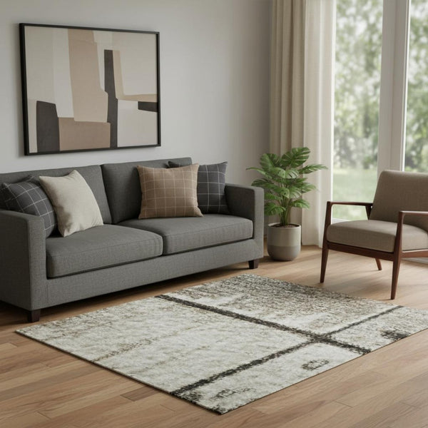 HomeRoots 5' X 8' Taupe & Gray Geometric Area Rug - Durable, Stain-Resistant, UV Protected for Modern Homes 706579