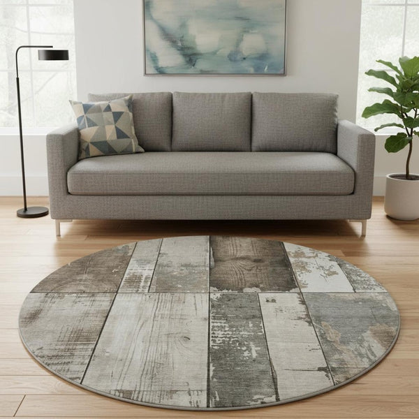 HomeRoots 8' Taupe and Gray Geometric Round Rug - Washable, UV-Protected, Non-Slip & Perfect for High-Traffic Areas 706580