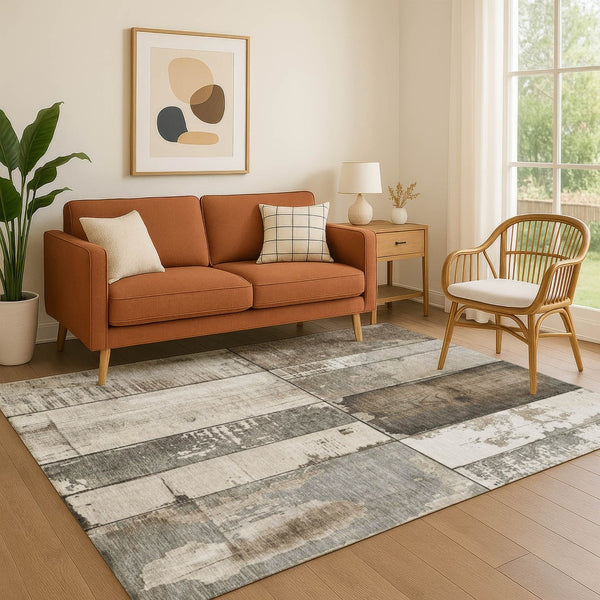 HomeRoots 9' X 12' Taupe and Gray Geometric Area Rug - Washable, UV Protected, Ideal for High-Traffic Spaces 706582