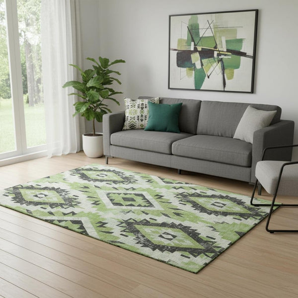 HomeRoots 5' X 8' Artichoke Green Southwestern Area Rug - Washable, UV Protected, Stylish & Durable Design 706585