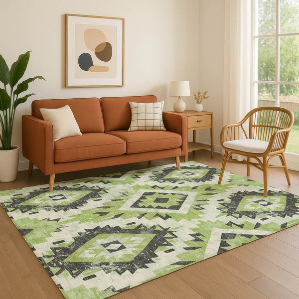 HomeRoots 5' X 8' Artichoke Green Southwestern Area Rug - Washable, UV Protected, Stylish & Durable Design 706585