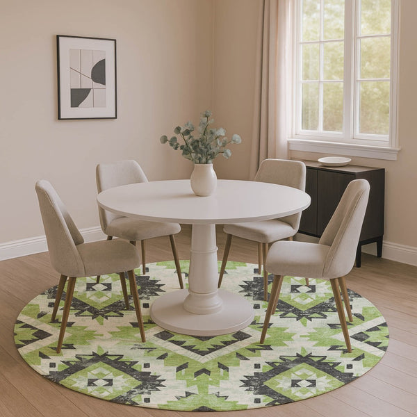 HomeRoots 8' Artichoke Green Southwestern Round Rug - Washable, UV Protected, Durable & Stylish for Any Room 706586