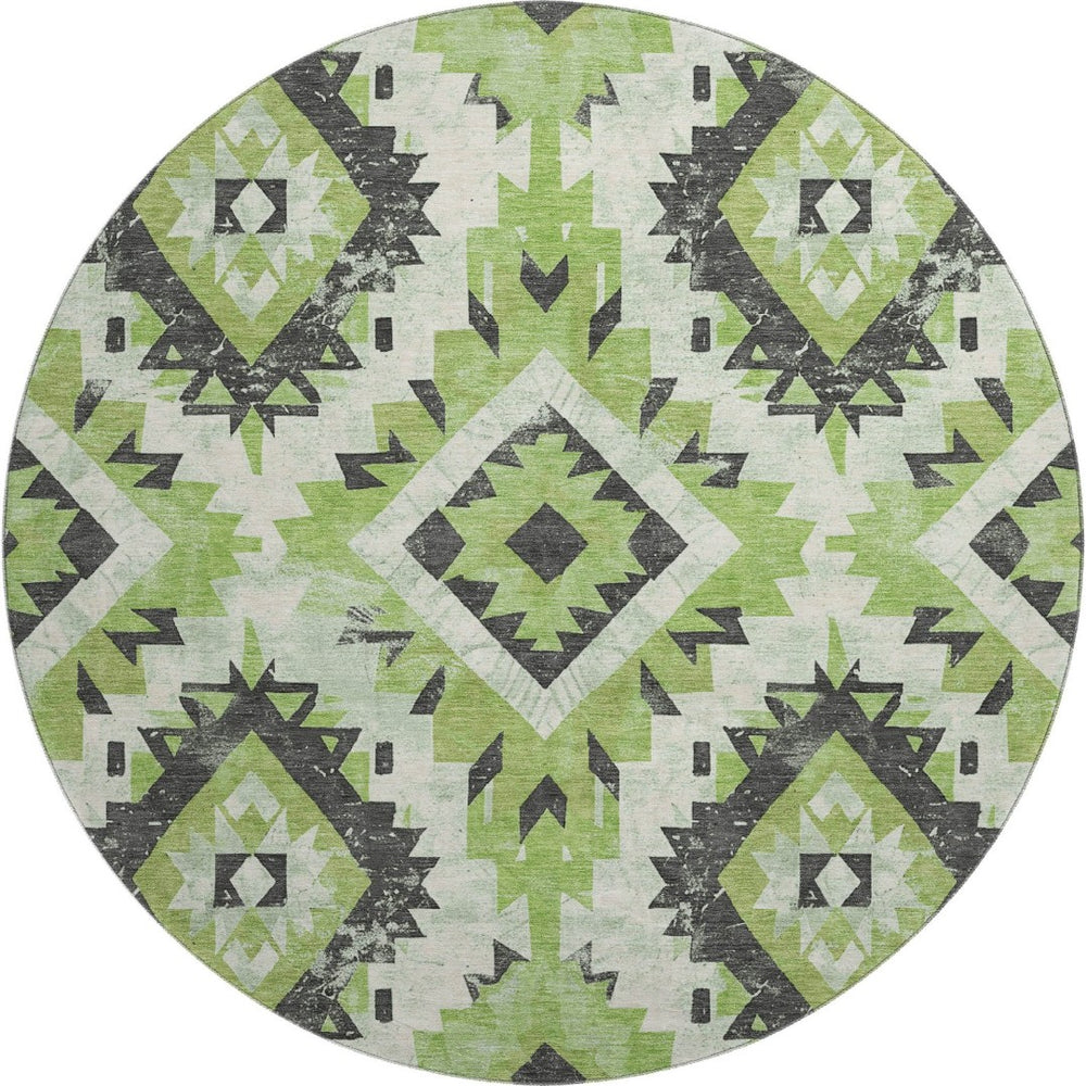 HomeRoots 8' Artichoke Green Southwestern Round Rug - Washable, UV Protected, Durable & Stylish for Any Room 706586