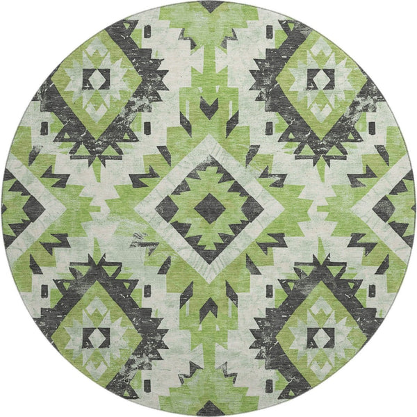HomeRoots 8' Artichoke Green Southwestern Round Rug - Washable, UV Protected, Durable & Stylish for Any Room 706586