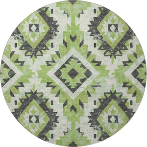 HomeRoots 8' Artichoke Green Southwestern Round Rug - Washable, UV Protected, Durable & Stylish for Any Room 706586