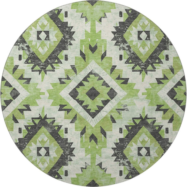 HomeRoots 8' Artichoke Green Southwestern Round Rug - Washable, UV Protected, Durable & Stylish for Any Room 706586