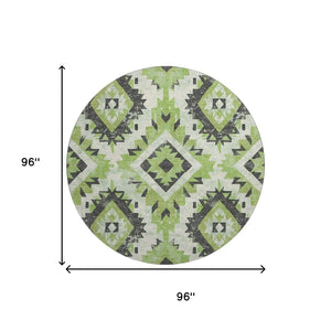 HomeRoots 8' Artichoke Green Southwestern Round Rug - Washable, UV Protected, Durable & Stylish for Any Room 706586