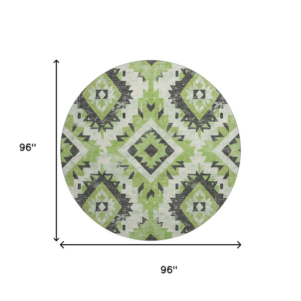 HomeRoots 8' Artichoke Green Southwestern Round Rug - Washable, UV Protected, Durable & Stylish for Any Room 706586