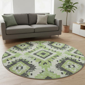 HomeRoots 8' Artichoke Green Southwestern Round Rug - Washable, UV Protected, Durable & Stylish for Any Room 706586