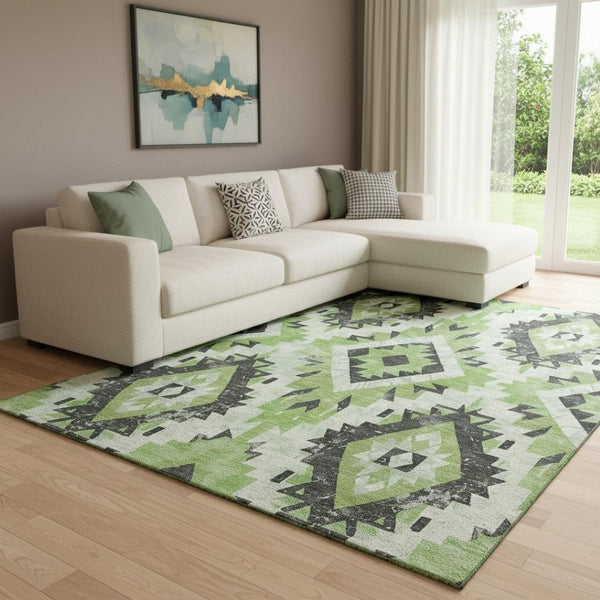 HomeRoots 8' X 10' Southwestern Area Rug in Artichoke Green & Charcoal - Washable, UV Protected & Non-Slip 706587