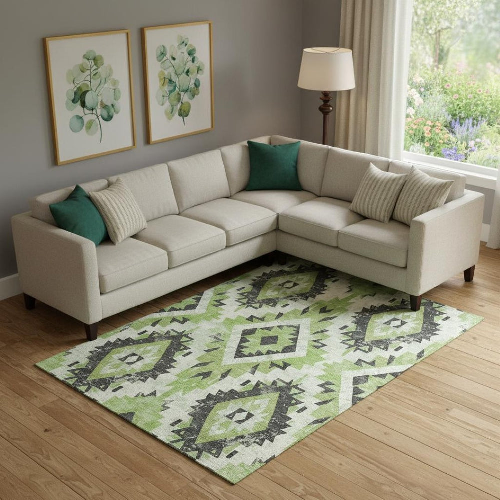 HomeRoots 9' X 12' Artichoke Green Southwestern Washable Area Rug with UV Protection for Busy Homes & Patios 706588