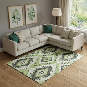 HomeRoots 9' X 12' Artichoke Green Southwestern Washable Area Rug with UV Protection for Busy Homes & Patios 706588