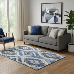 HomeRoots 5' X 8' Southwestern Area Rug in Blue, Charcoal & Ivory – Washable, UV-Protected, Stylish & Durable 706591